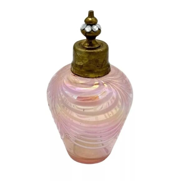 IRICE I W & RICE PERFUME BOTTLE PINK IRIDESCENT PULL FEATHER PATTERN 4.75"X2.5" - Picture 2 of 5